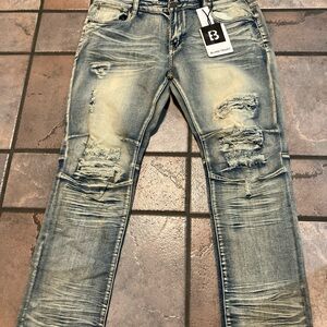 Blind Trust 42X32 Denim Blue Jeans Rhinestone Stripes Distressed Stretch Hip Hop